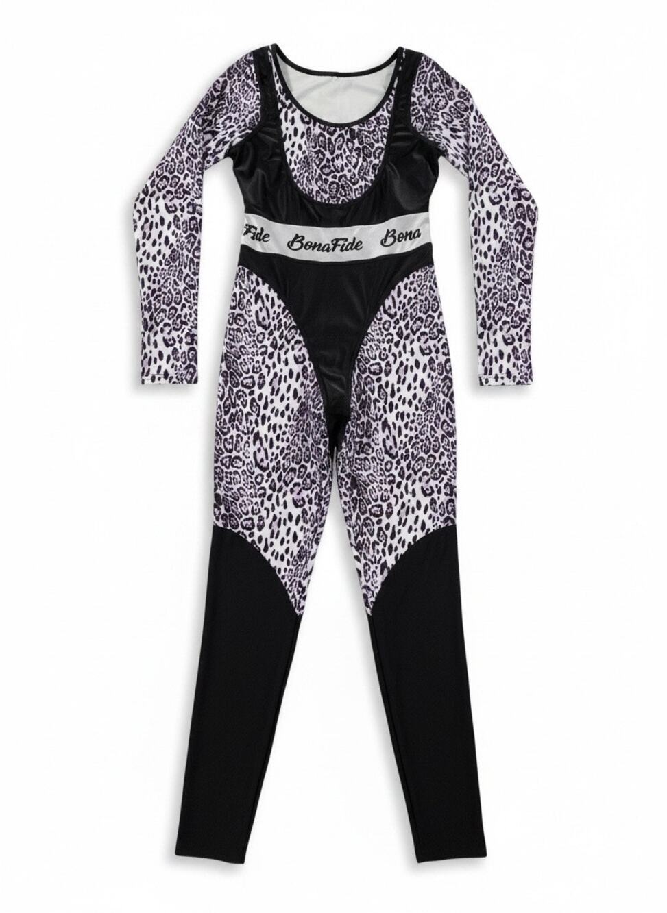 Bona Fide Aerobica Jumpsuit Snow Leo Leopard Long Sleeve Catsuit NWOT L